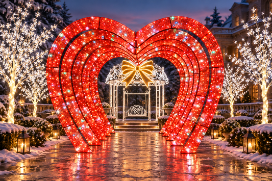 Decor luminos cu tunel inimă roșie și foișor