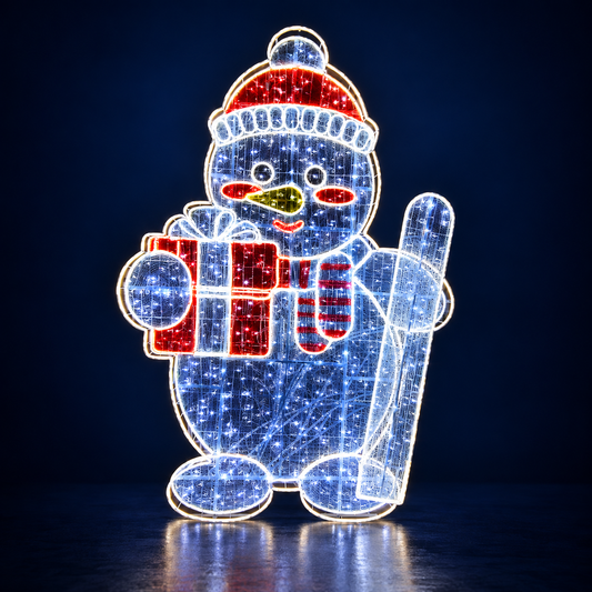Figurină luminoasă LED Om de zăpadă cu cadou și mătură