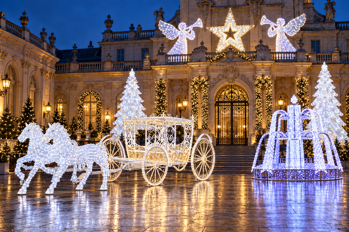 Decor luminos cu caleașcă, cai și fântână