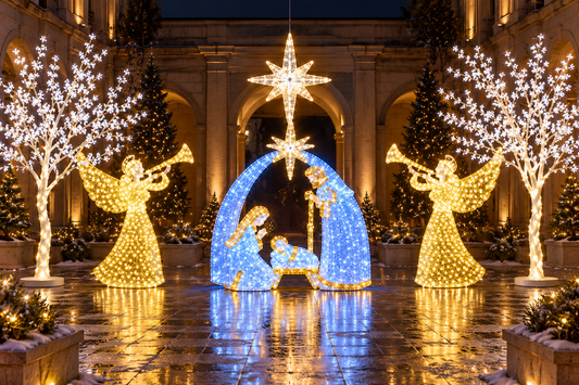 Scenă luminoasă LED Nașterea Domnului cu îngeri aurii