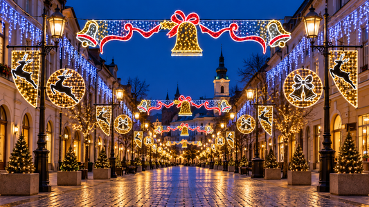 Instalație luminoasă stradală cu clopoței și reni aurii