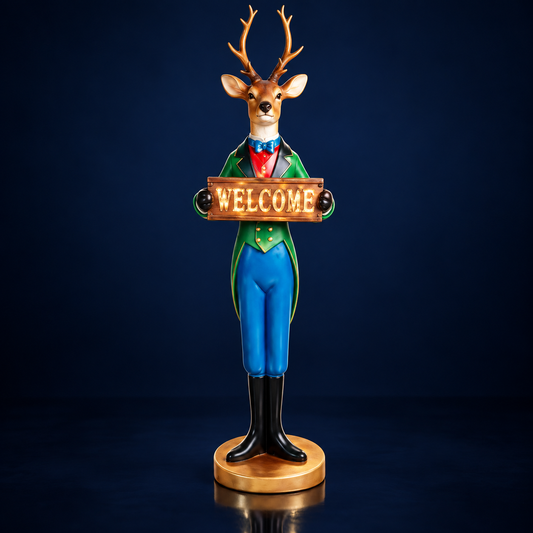 Statuie Ren cu pancartă „Welcome”