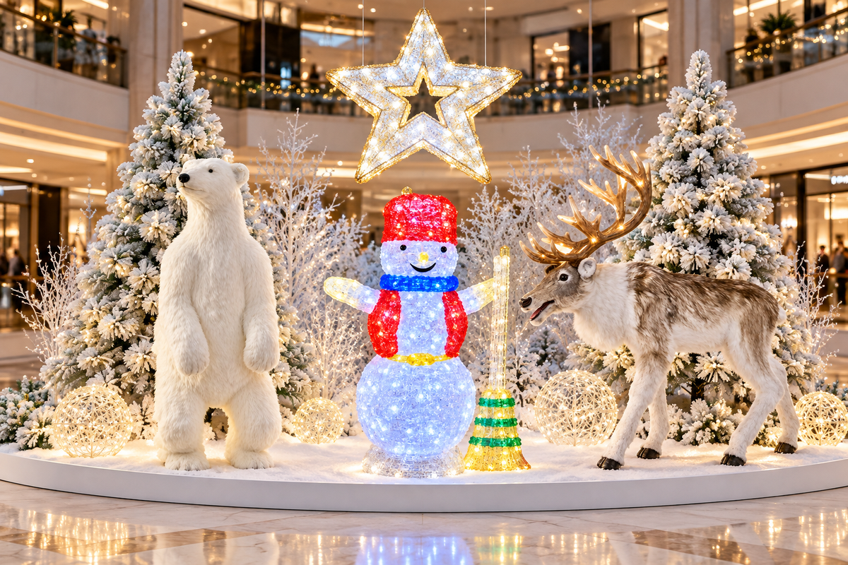 Decor de iarnă cu urs polar, ren și om de zăpadă