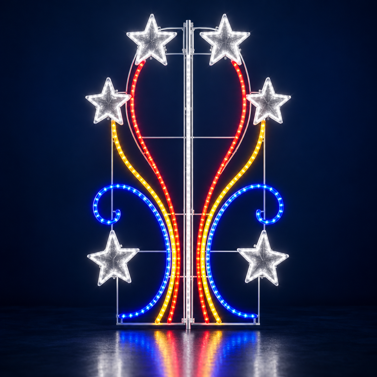 Motiv luminos LED cu stele și volute în roșu, galben și albastru