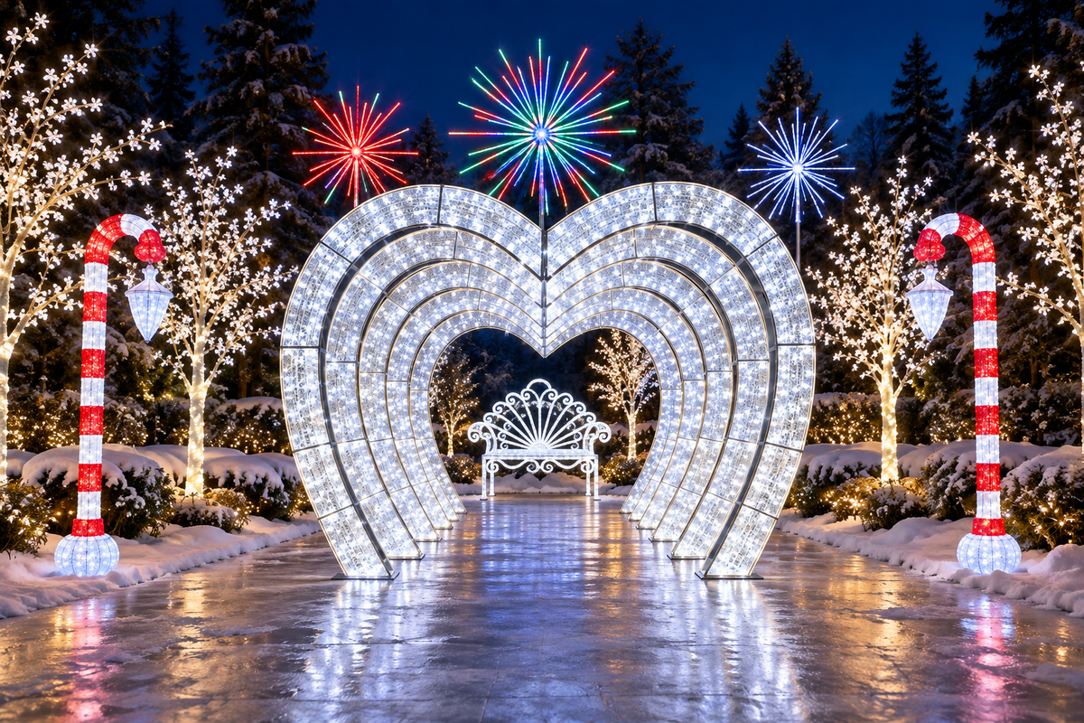 Decor luminos cu tunel inimă albă și bastoane de zahăr