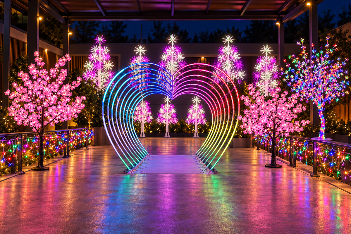Decor luminos cu tunel inimă multicoloră și copaci roz