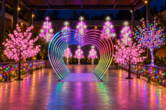 Decor luminos cu tunel inimă multicoloră și copaci roz