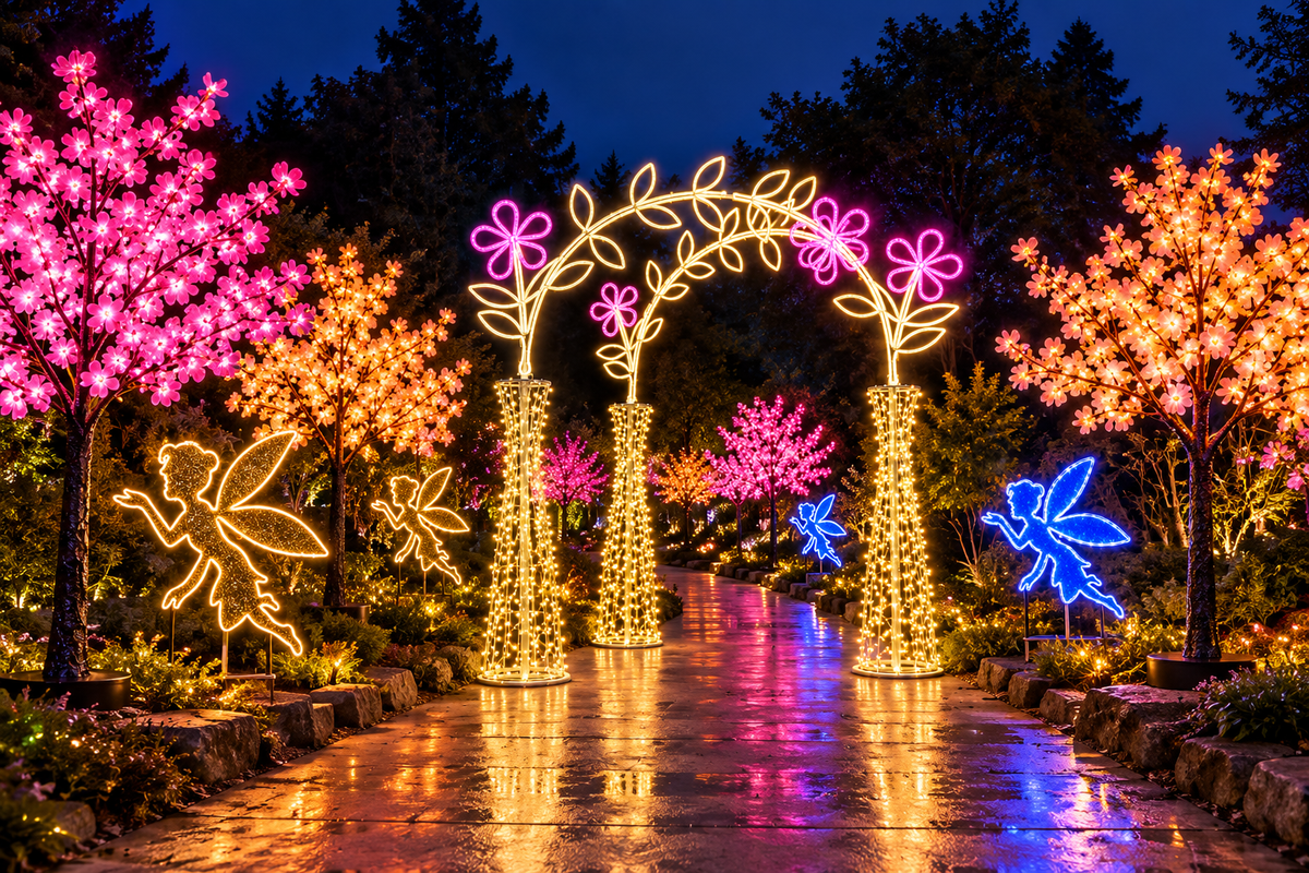 Decor luminos Aleea cu copaci înfloriți și zâne