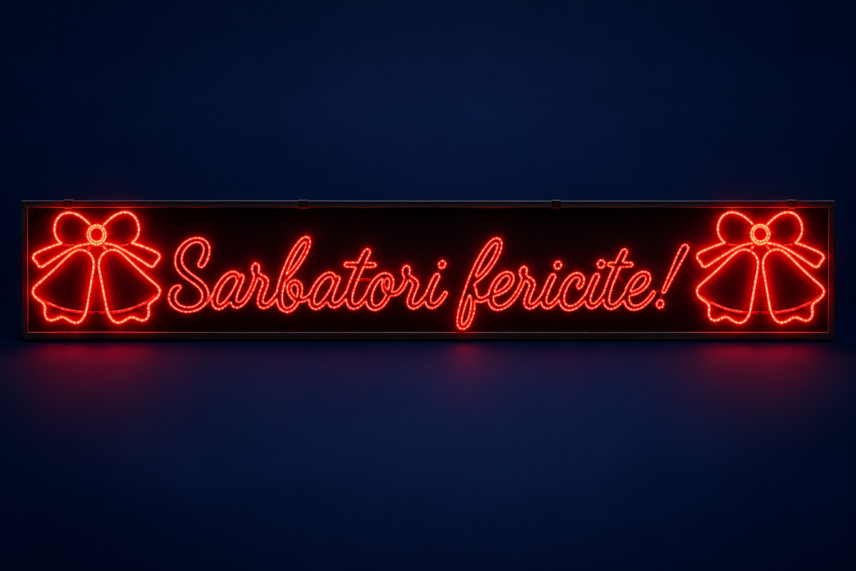 Mesaj luminos LED „Sărbători fericite!” roșu, cu clopoței