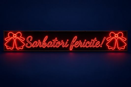 Mesaj luminos LED „Sărbători fericite!” roșu, cu clopoței