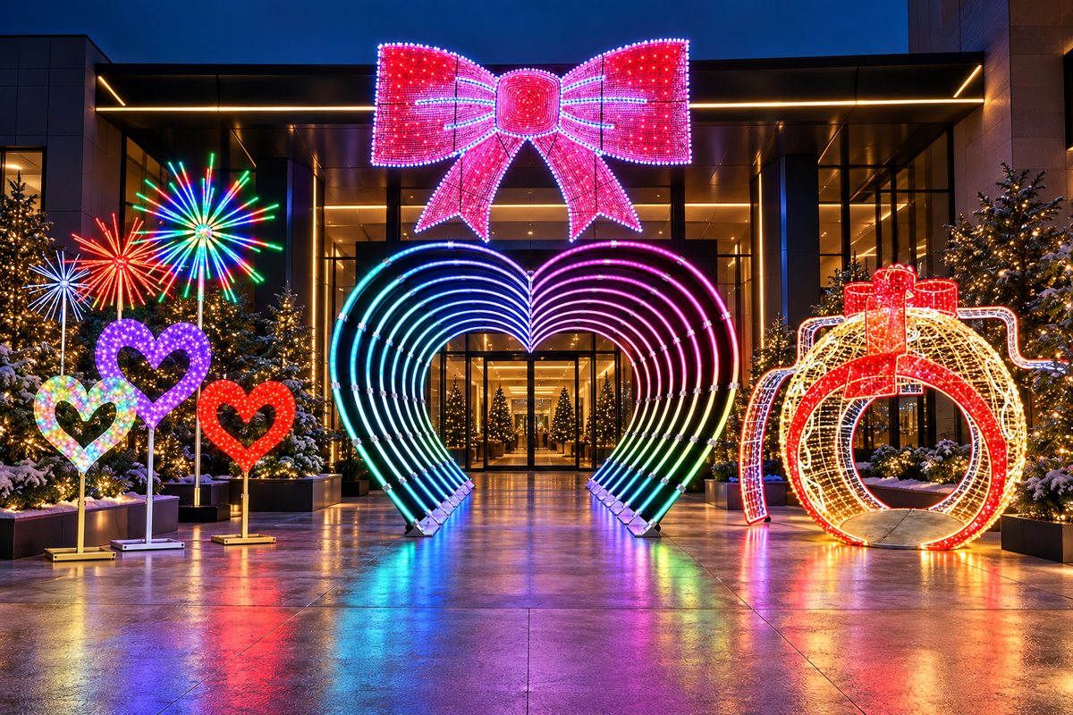 Decor luminos pentru intrare cu fundă roz și tunel inimă