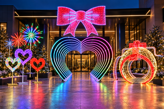 Decor luminos pentru intrare cu fundă roz și tunel inimă