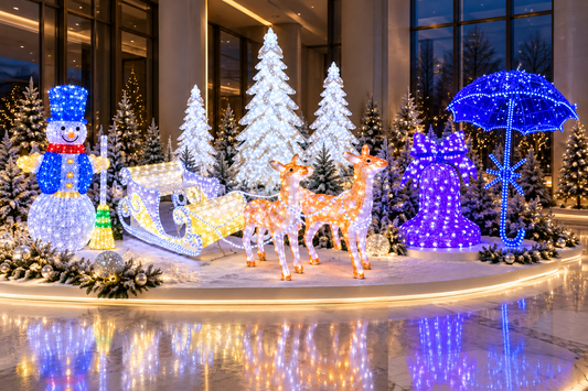 Decor luminos de iarnă cu om de zăpadă, sanie și reni