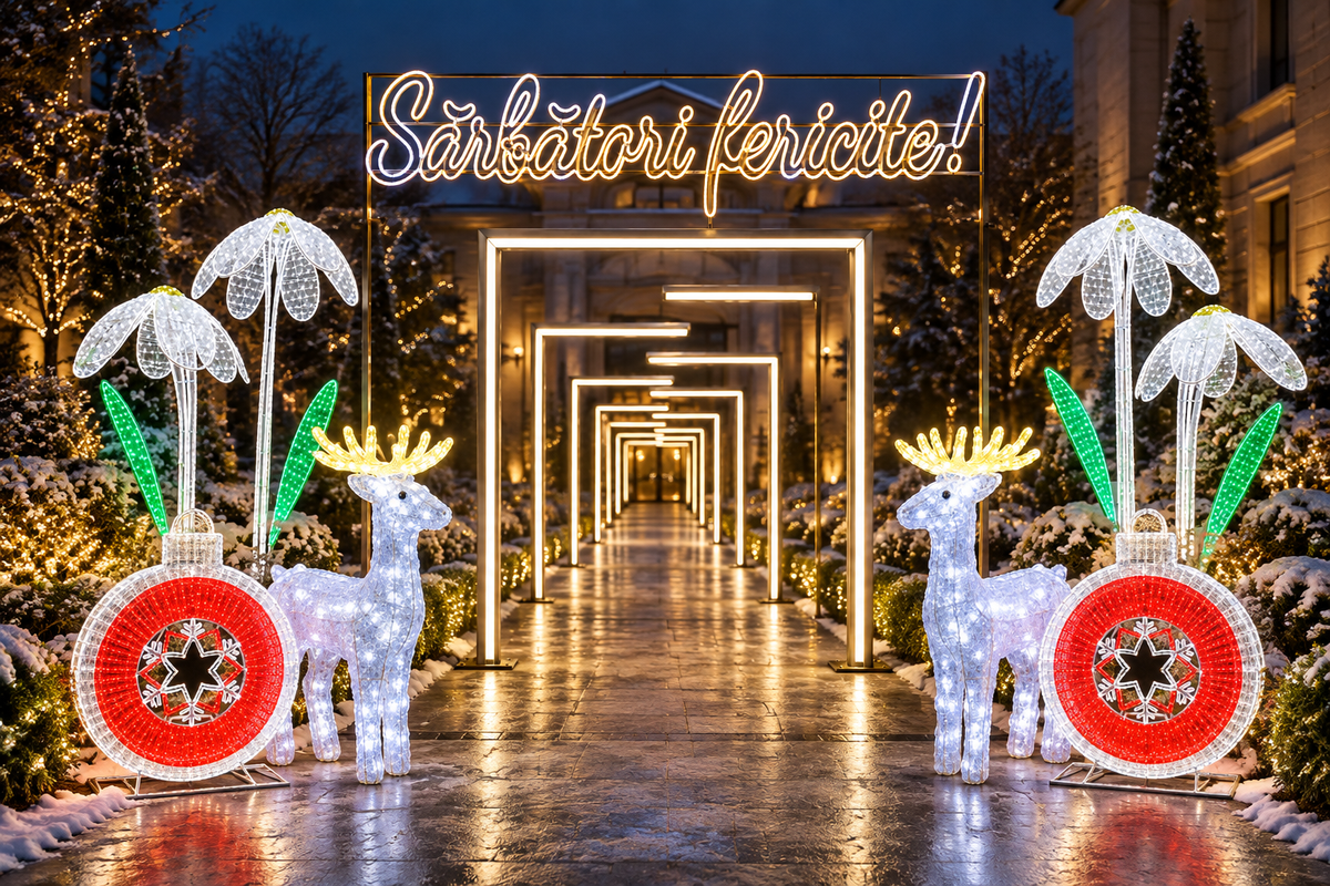 Decor luminos cu tunel, reni albi și mesaj „Sărbători fericite!”