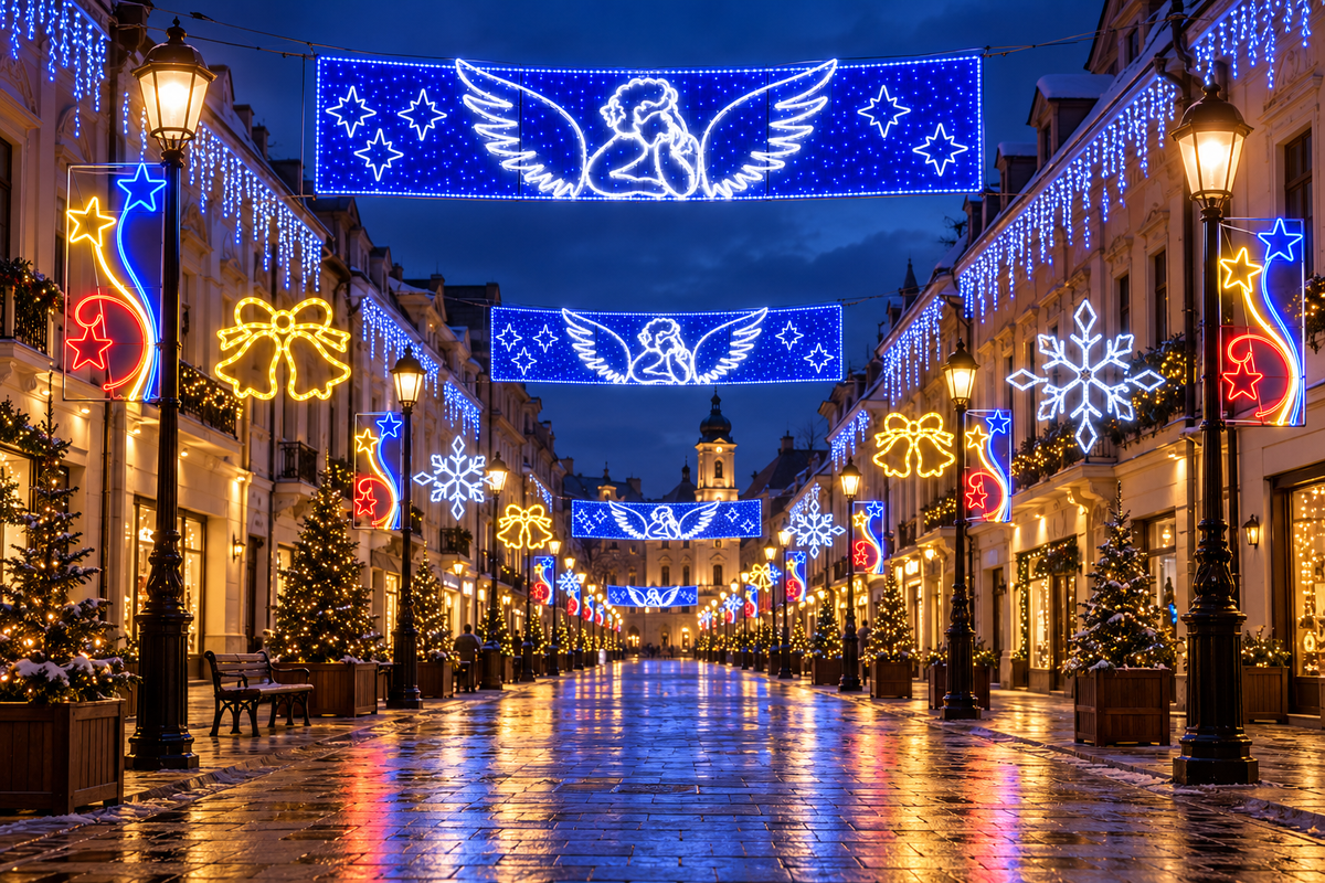 Instalație luminoasă stradală cu îngeri albaștri