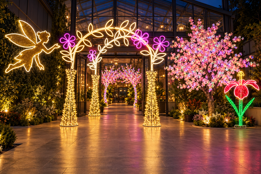 Decor luminos cu arcadă de flori, zână și copac roz