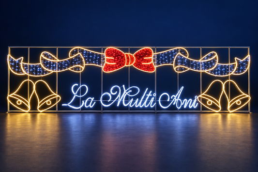 Banner luminos LED „La Mulți Ani” cu clopoței și fundă