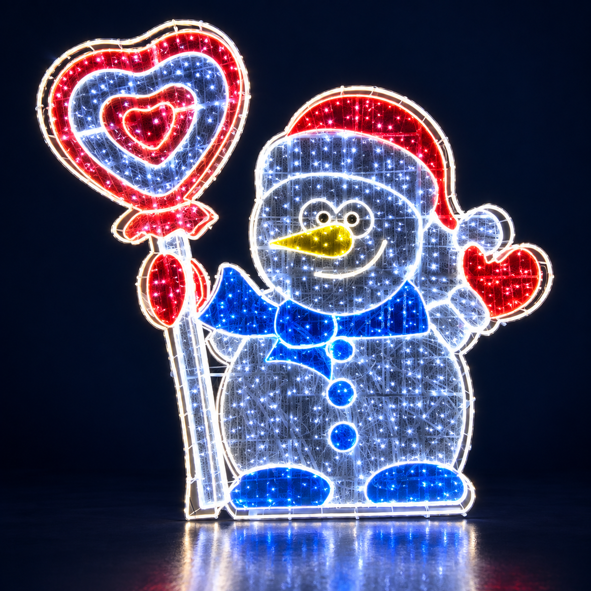 Figurină luminoasă LED Om de zăpadă cu acadea inimă