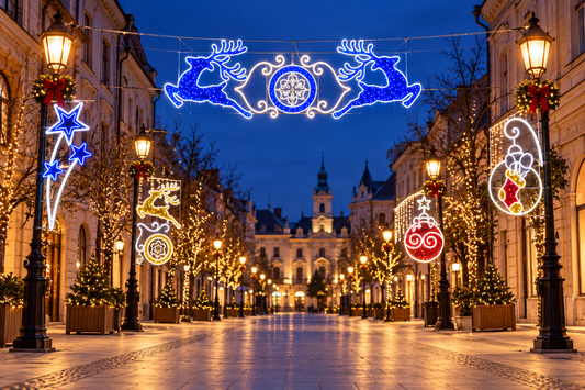 Instalație luminoasă stradală cu reni albaștri